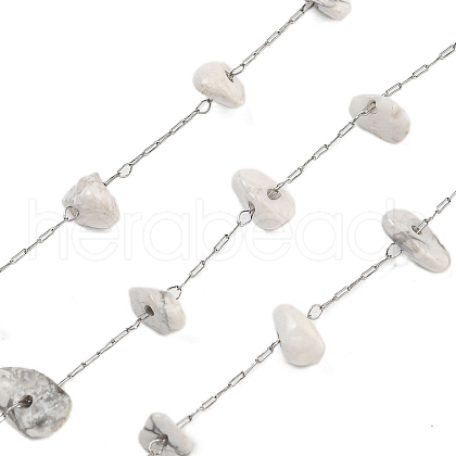 304 Stainless Steel with Natural Howlite Chip Link Chains CHS-G038-09P-08-1