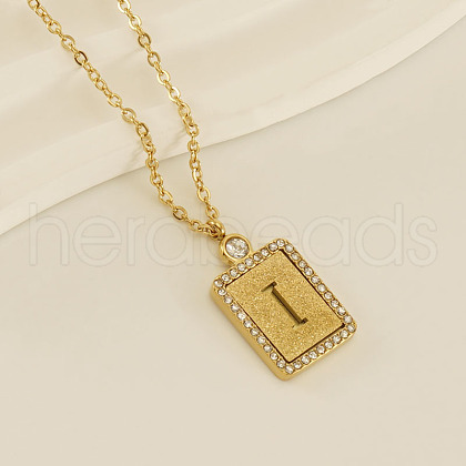 304 Stainless Steel Micro Pave Clear Cubic Zirconia Rectangle with Hollow Letter Pendant Necklaces FS-WGAE794-12-1
