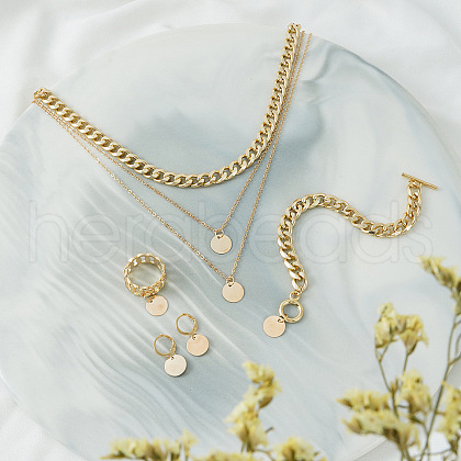 Flat Round Iron & Aluminum & Zinc Alloy Multilayer Necklace & Curb Chain Bracelet & Ring & Earring  Sets FS-WG47193-02-1