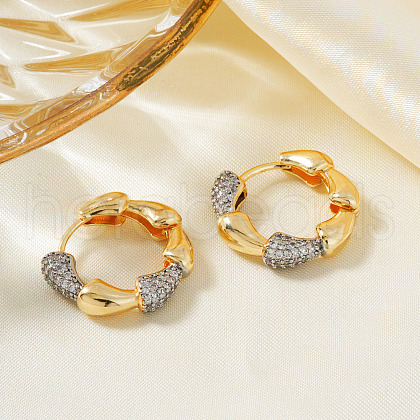 Minimalist Bamboo Brass Clear Cubic Zirconia Hoop Earrings XL2629-1