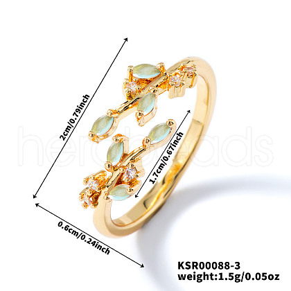 Exquisite Brass Cubic Zirconia Willow Leaf Cuff Rings for Women UN6923-3-1