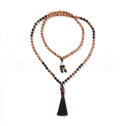 Wood & Tiger Eye Beads Wrap Necklaces NJEW-JN04135-1