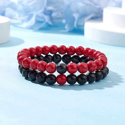 2Pcs 2 Colors Dyed Synthetic Turquoise Beaded Stretch Bracelets for Women Men BJEW-JB11547-1