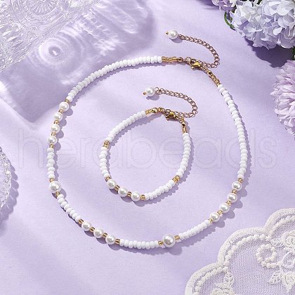Shell Pearl Bead & Glass Seed Beads Bracelets & Necklaces Sets SJEW-MZ00008-01-1