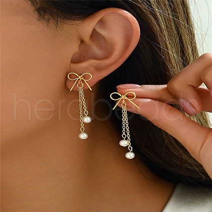 Bowknot Brass Plastic Imitation Pearl Dangle Stud Earrings FS-WGC797A-01-1