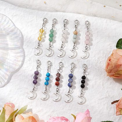 10Pcs Round Natural & Synthetic Mixed Gemstone Pendant Decorations HJEW-JM03153-1