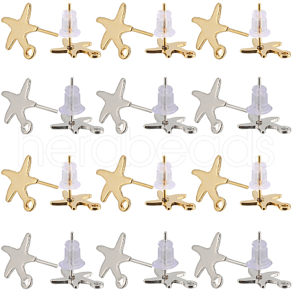 SUNNYCLUE 40Pcs 2 Colors Starfish Shape 201 Stainless Steel Stud Earring Findings STAS-SC0007-94-1