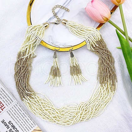 Bohemian Style Acrylic Seed Beaded Multilayer Necklaces & Tassel Dangle Earrings Sets FS-WG5C0BD-07-1