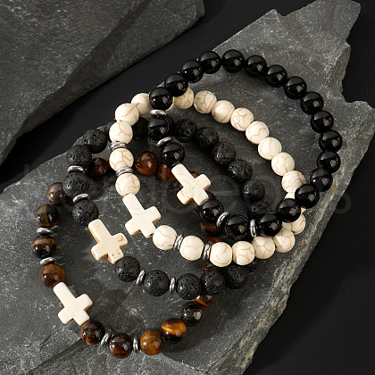 4Pcs Cross Natural Tiger Eye & Howlite & Lava Rock & Black Obsidian Round Beads Stretch Bracelets for Men CT3754-1