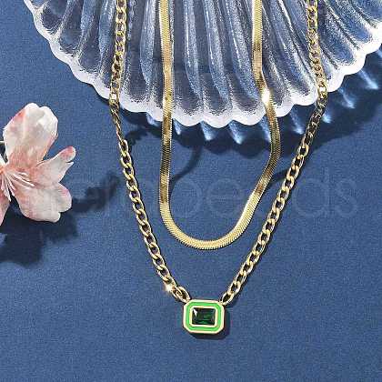 304 Stainless Steel Rhinestone Rectangle Pendant Double Layer Necklaces for Women NJEW-Z070-01G-02-1