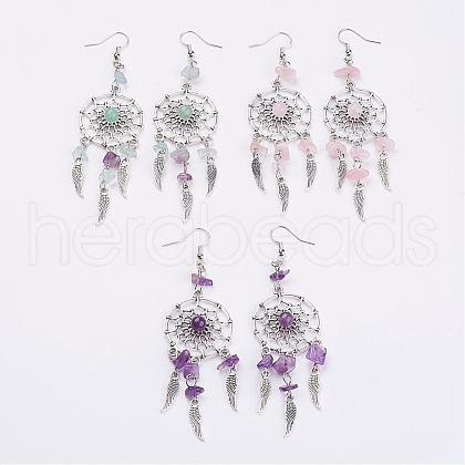 Woven Net/Web with Feather Alloy Dangle Earrings EJEW-JE02338-1