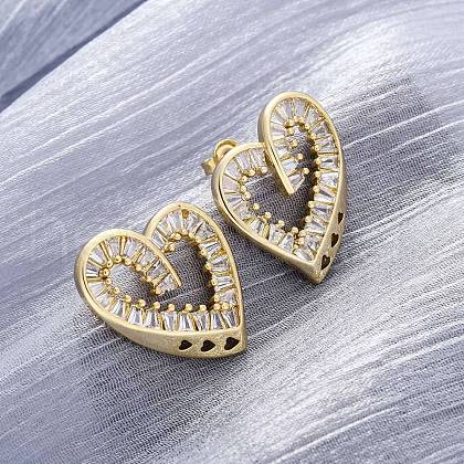 Heart Brass Micro Pave Clear Cubic Zirconia Stud Earrings EJEW-H158-01G-1