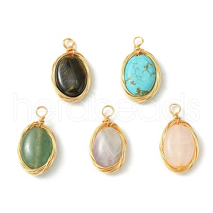 5Pcs 5 Styles Natural Mixed Stone Copper Wire Wrapped Pendants PALLOY-JF02501-1