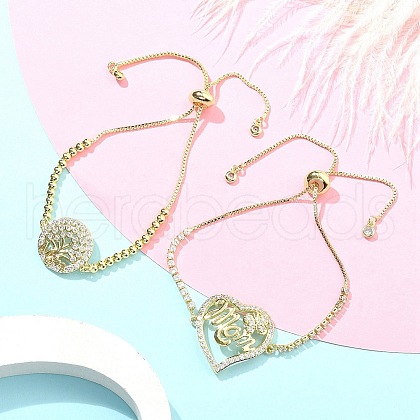 Mother's Day Brass Micro Pave Cubic Zirconia Silder Bracelets for Women BJEW-S158-01G-A-1