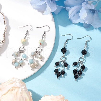 2 Pairs Synthetic Aqua Terra Jasper & Natural Black Onyx Dangle Earrings EJEW-JE06383-1