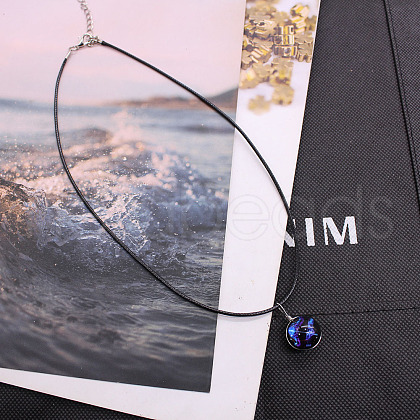 Luminous Zinc Alloy & Glass Flat Round with Constellation Pendant Black Korean Waxed Cord Necklaces WG08639-03-1