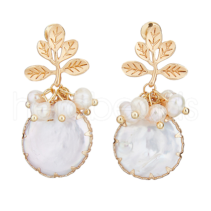 FIBLOOM 1 Pair Shell Pearl Dangle Stud Earrings EJEW-FI0002-22B-1
