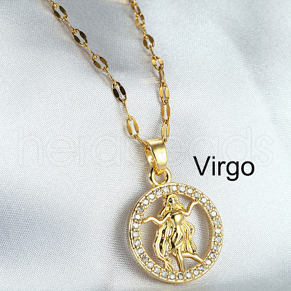 Twelve Constellation Alloy Crystal Rhinestone Pendant Necklaces for Women WG8B703-12-1