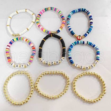 9Pcs 9 Style Word Thank Teach Love Acrylic & Synthetic Hematite Stretch Bracelets Set BJEW-SW00100-1