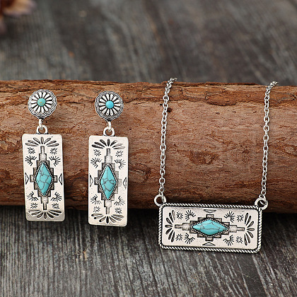 Western Aztec Alloy & Synthetic Turquoise Stud Earrings & Pendant Necklaces Sets FS-WGDC47F-01-1