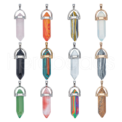 Natural & Synthetic Gemstone Pointed Pendants with Alloy Findings G-PH0001-06-1