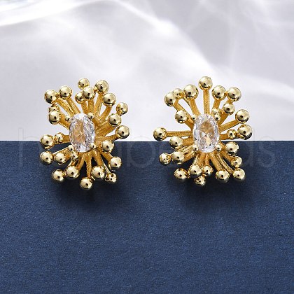 Flower Brass Clear Cubic Zirconia Stud Earrings EJEW-R025-22G-1