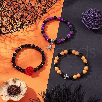 3Pcs Halloween Theme Baking Painted Glass Round Beads Stretch Bracelets for Women BJEW-MZ00186-1