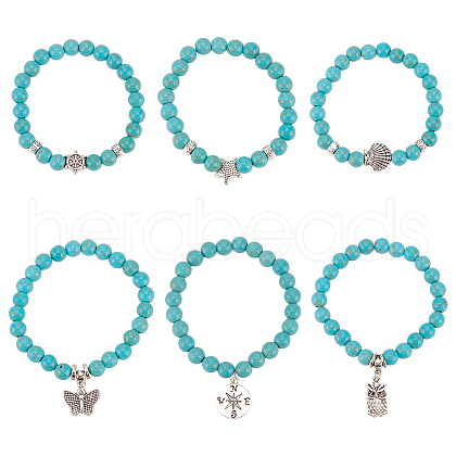 ANATTASOUL 6Pcs 6 Style Synthetic Turquoise Round Beaded Stretch Bracelets Set BJEW-AN0001-20-1