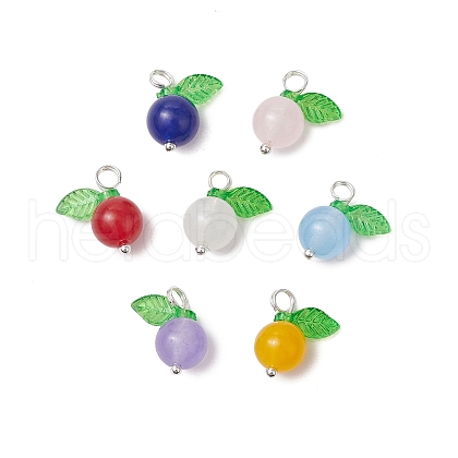 Natural Dyed Malaysia Jade Round Fruit Charms with Glass Leaves PALLOY-JF03401-01-1