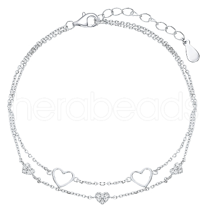 Anti-Tarnish Rhodium Plated 925 Sterling Silver Micro Pave Clear Cubic Zirconia Multi-Strand Heart Link Bracelets AY4910-1