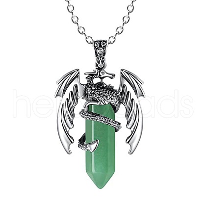 Natural Green Aventurine Bullet with Dragon Pendant Necklace with Zinc Alloy Chains PW-WG99720-02-1