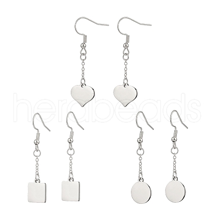 3 Pair 3 Style Heart & Flat Round & Square 304 Stainless Steel Dangle Earrings EJEW-JE05165-1