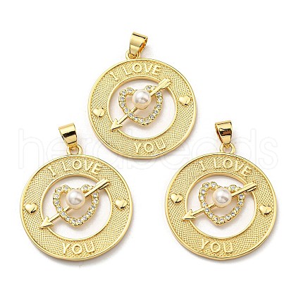 Brass Cubic Zirconia with Plastic Pearl Pendants KK-K341-20G-1