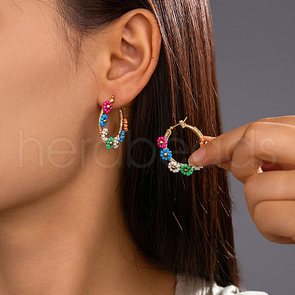 Flower Brass Glass Seed Beaded Hoop Earrings FS-WG0698E-01-1