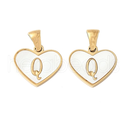 304 Stainless Steel Pave Natural White Shell Heart with Initial Slice Pendants STAS-R168-25G-Q-1