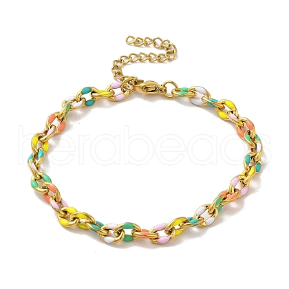 304 Stainless Steel Enamel Colorful Oval Cross Chain Bracelets BJEW-B079-02G-1