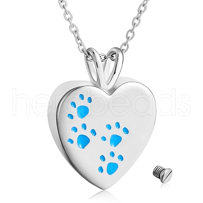 316L Surgical Stainless Steel Heart with Paw Print Urn Ashes Pendant Necklace with Enamel NJEW-SZ0001-61D-1