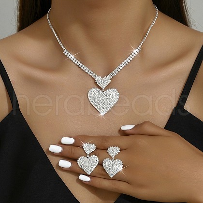 Heart Brass Rhinestone Stud Earrings & Pendant Necklaces Set for Women SJEW-M102-08S-1