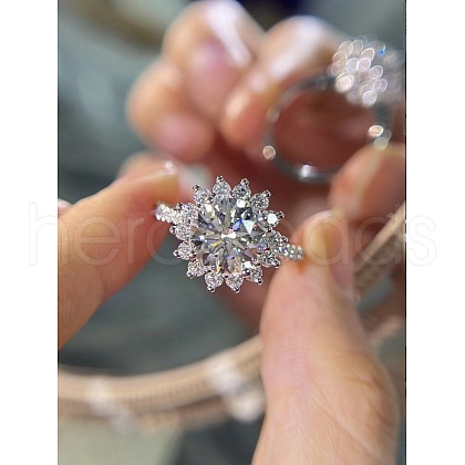 Rhodium Plated 925 Sterling Silver Flower Pave 8.2x4.9mm Moissanite Adjustable Rings for Women WG9AA84-06-1