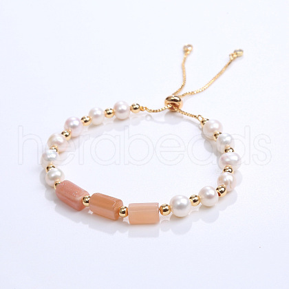Natural Sunstone & Plastic Imitation Pearl Bead Slider Bracelets AT8786-5-1