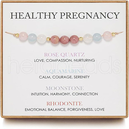 Adjustable Natural Rose Quartz & Aquamarine & Moonstone & Rhodonite Round Beaded Slider Bracelets for Healthy Pregnancy Gift FS-WG14B1D-01-1