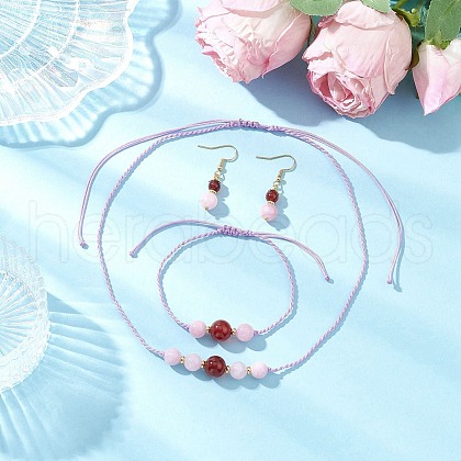 Round Natural Quartz & Carnelian Beaded Necklace & Bracelet & Dangle Earring Sets SJEW-JS01335-1