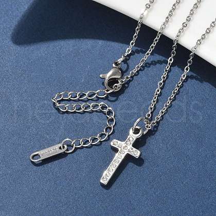 304 Stainless Steel Crystal Rhinestone Cross Pendant Necklaces NJEW-S442-08P-1