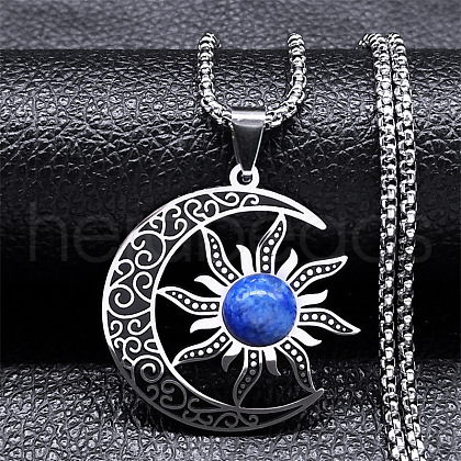 Gothic Moon Sun 304 Stainless Steel Pave Natural Lapis Lazuli Pendant Necklaces for Women FS-WG56BEB-03-1