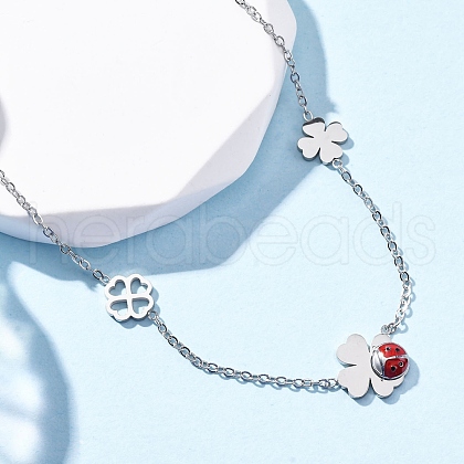 304 Stainless Steel FireBrick Enamel Ladybug Clover Link Chain Necklaces NJEW-R026-11P-1