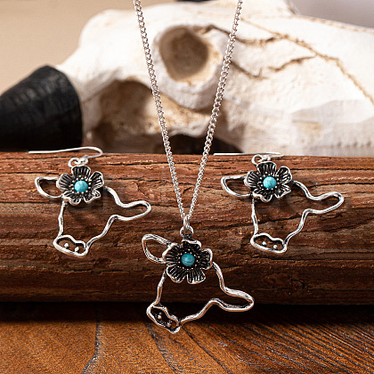Cattle Head Alloy & Synthetic Turquoise Pendant Necklaces & Dangle Earrings Sets FS-WG21DDF-01-1