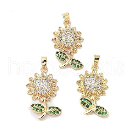 Sunflower Charms Rack Plating Brass Micro Pave Clear Cubic Zirconia Pendants KK-G482-16G-1