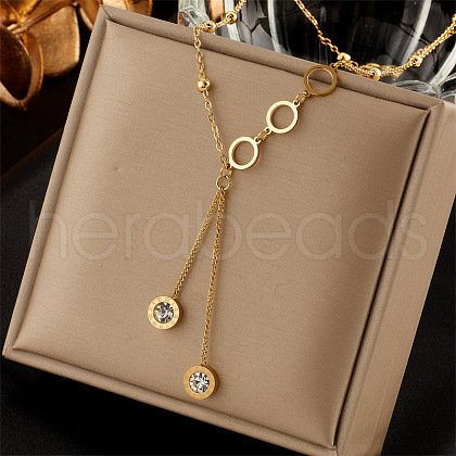 304 Stainless Steel Pave Clear Cubic Zirconia Ring Tassel Y Necklaces FS-WG0B055-01-1