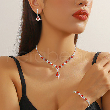 Fashionable Teardrop Brass Rhinestone Bracelets & Earrings & Necklaces Sets FS-WGB73DF-02-1