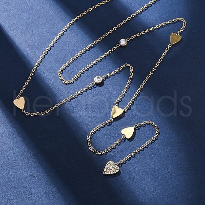 304 Stainless Steel Crystal Rhinestone Heart Lariat Necklaces NJEW-R026-10G-1